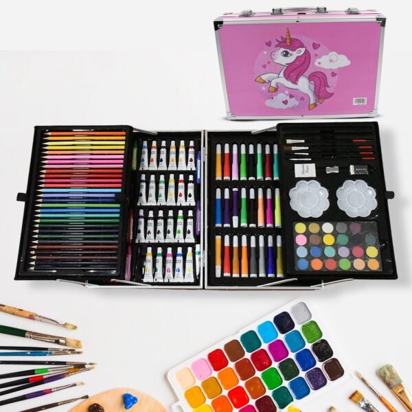 17980Â Professional Art Set-Drawing Painting Sketching Coloring Kids Set All in 1 Art Case Perfect for Kids with Unicorn Design Case, Shading Crayons Oil Pastels Color Set Watercolor Cakes Paint Brush Sharpener Eraser (145 Pcs Set)
