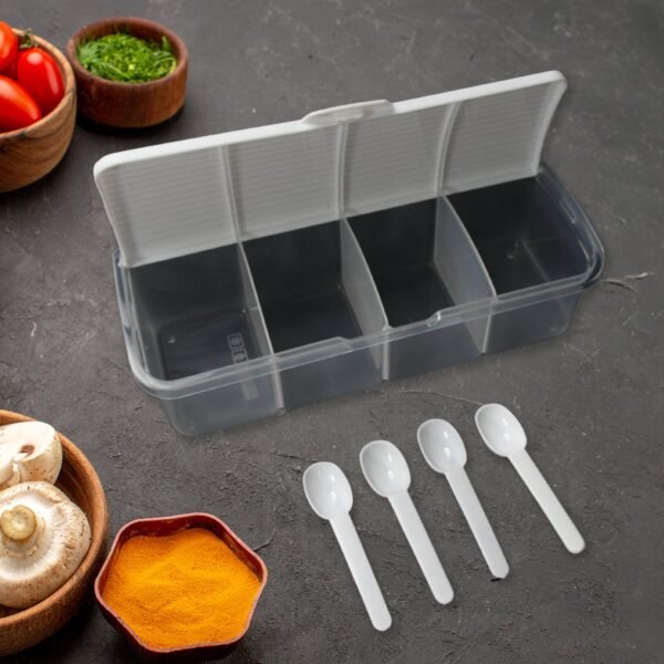 Kitchen Multipurpose Air-tight 4 Sections Storage Containers / Masala BoxÂ Pickle (Achar) Jar with 4 spoon for each section (1 Pc / Mix Color)
