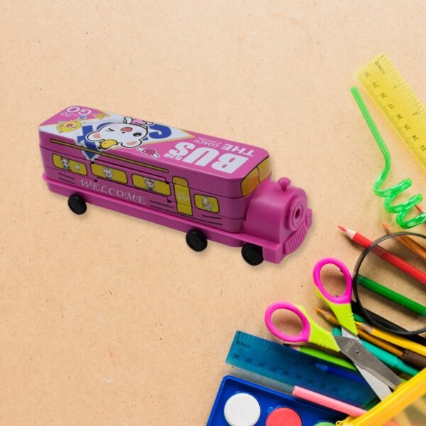 Double Decker Metal Bus Compass Case â€“ 2-Layer with Movable Wheels & Sharpener for Kids